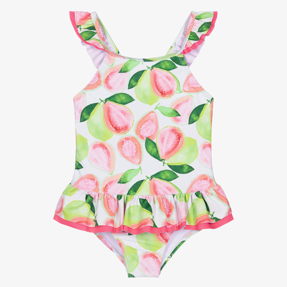 Mitty James-Girls Green & Pink Guava Print Ruffle Swimsuit (UPF50+) | Childrensalon