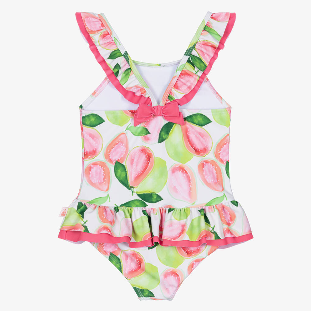 Mitty James-Girls Green & Pink Guava Print Ruffle Swimsuit (UPF50+) | Childrensalon