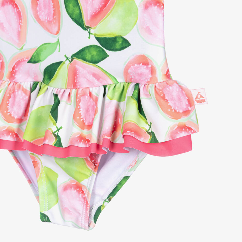Mitty James-Girls Green & Pink Guava Print Ruffle Swimsuit (UPF50+) | Childrensalon