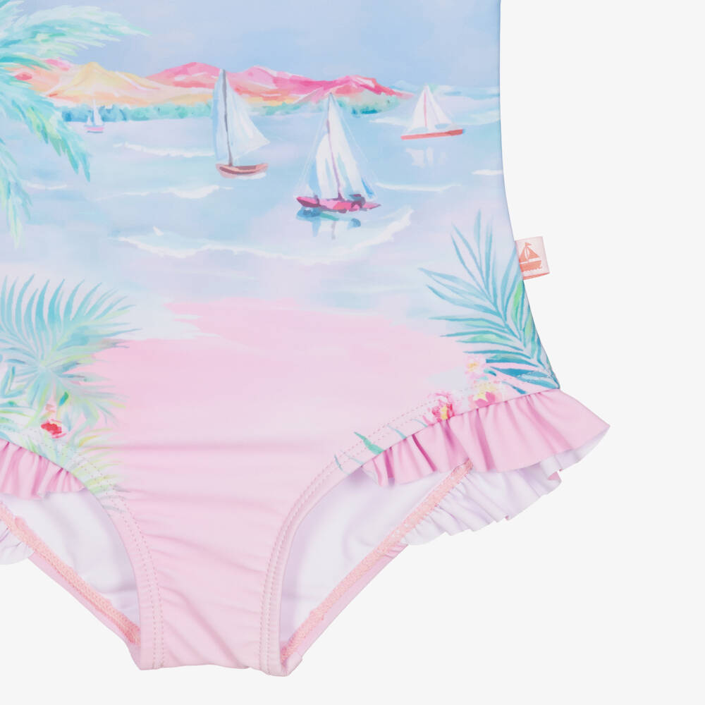 Mitty James-Girls Pink & Blue Beach Scene Print Swimsuit (UPF50+) | Childrensalon
