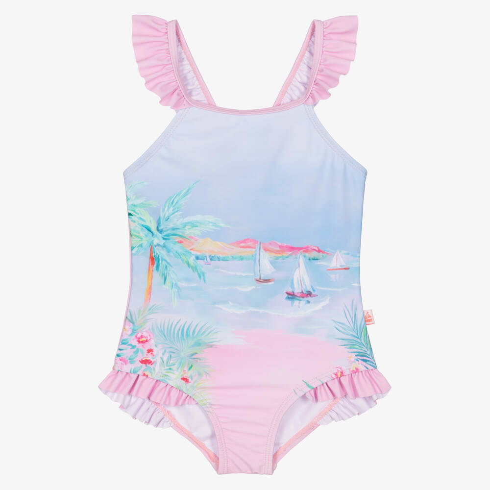 Mitty James-Girls Pink & Blue Beach Scene Print Swimsuit (UPF50+) | Childrensalon