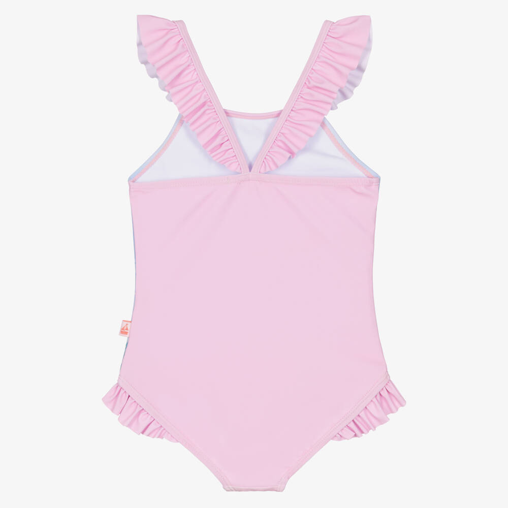 Mitty James-Girls Pink & Blue Beach Scene Print Swimsuit (UPF50+) | Childrensalon