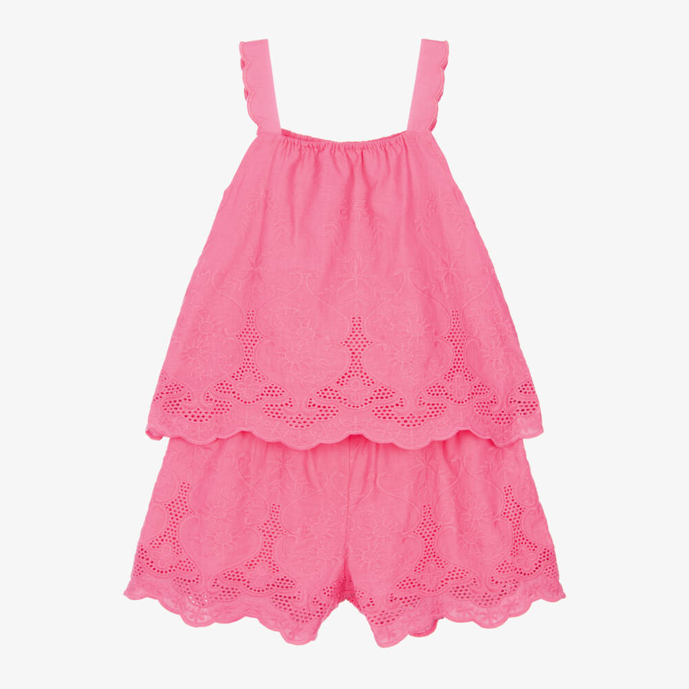 Mitty James-Girls Pink Embroidered Cotton Sleeveless Top & Shorts Set | Childrensalon