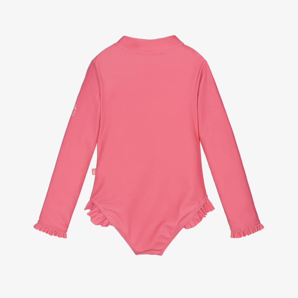Mitty James-Girls Pink Ruffle Trim Long Sleeve Swimsuit (UPF50+) | Childrensalon