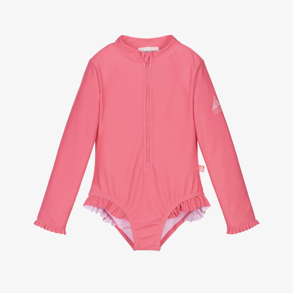 Mitty James-Girls Pink Ruffle Trim Long Sleeve Swimsuit (UPF50+) | Childrensalon