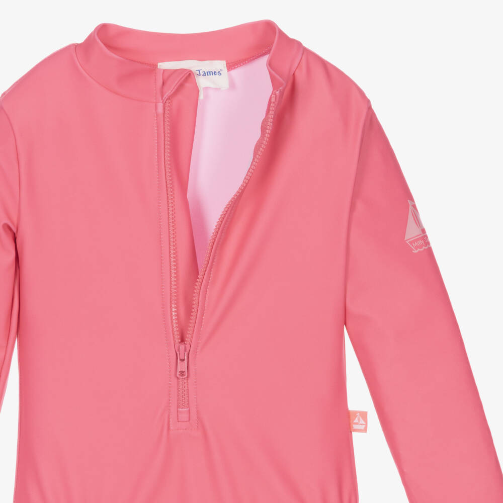 Mitty James-Girls Pink Ruffle Trim Long Sleeve Swimsuit (UPF50+) | Childrensalon