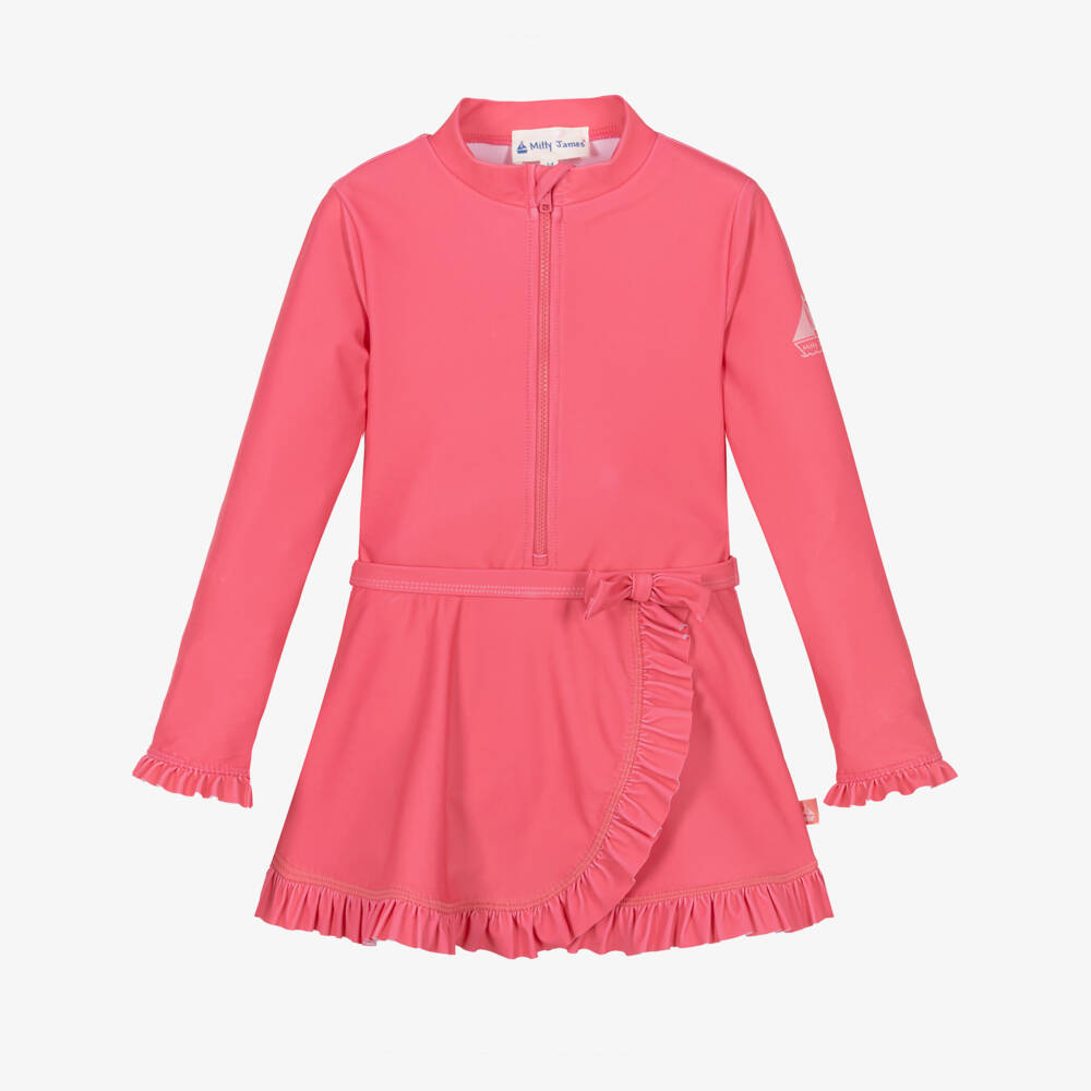 Mitty James-Girls Pink Ruffle Trim Swimsuit & Beach Skirt Set (UPF50+) | Childrensalon