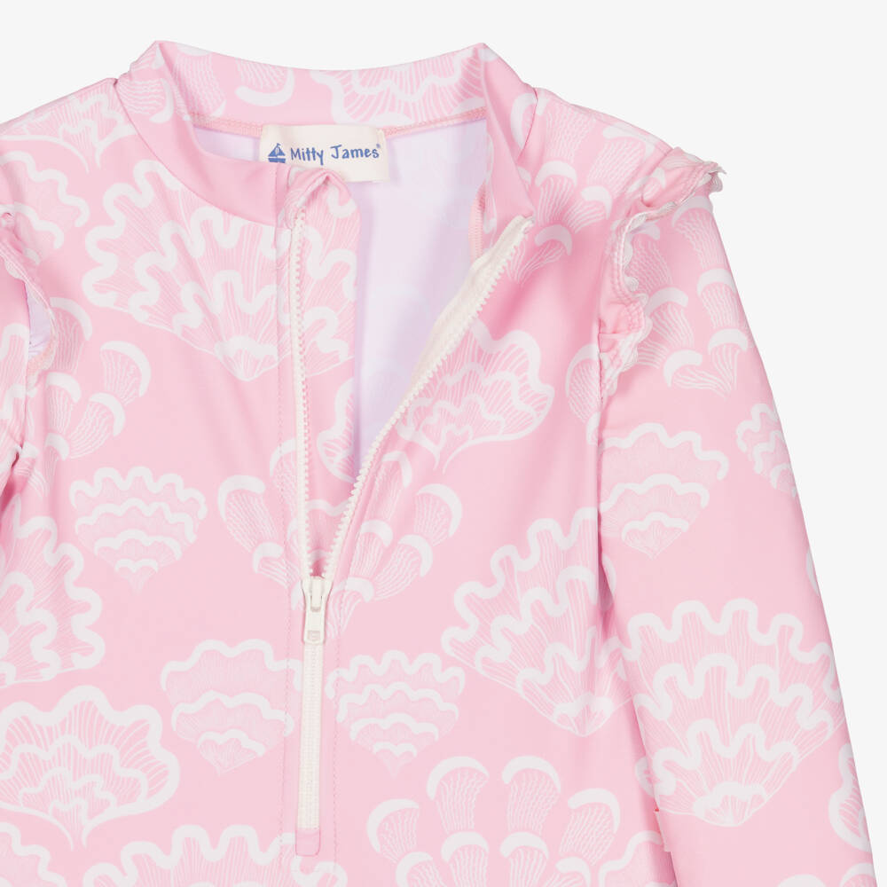 Mitty James-Girls Pink Seashell Print Long Sleeve Swimsuit (UPF50+) | Childrensalon