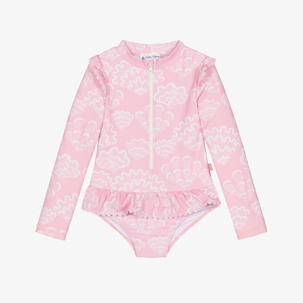 Mitty James-Girls Pink Seashell Print Long Sleeve Swimsuit (UPF50+) | Childrensalon