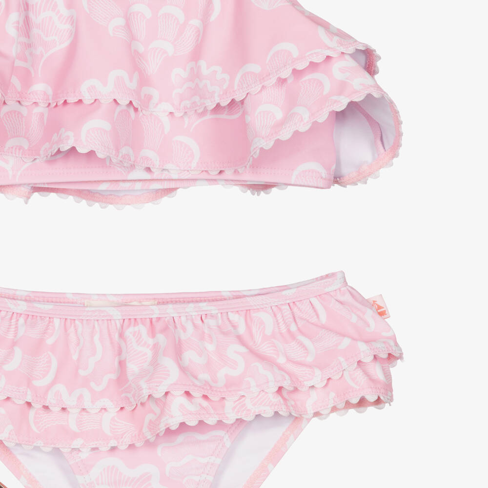 Mitty James-Girls Pink Shell Print Ruffle Bikini (UPF50+) | Childrensalon