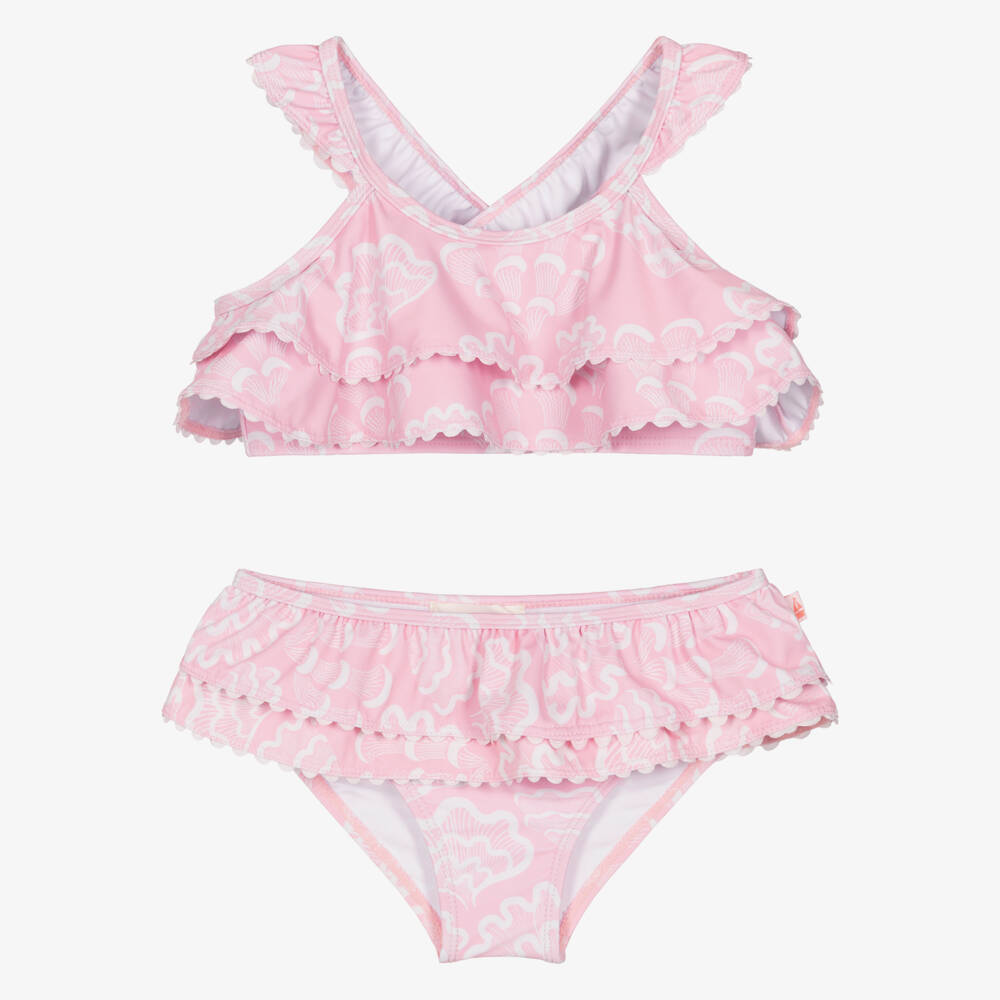 Mitty James-Girls Pink Shell Print Ruffle Bikini (UPF50+) | Childrensalon