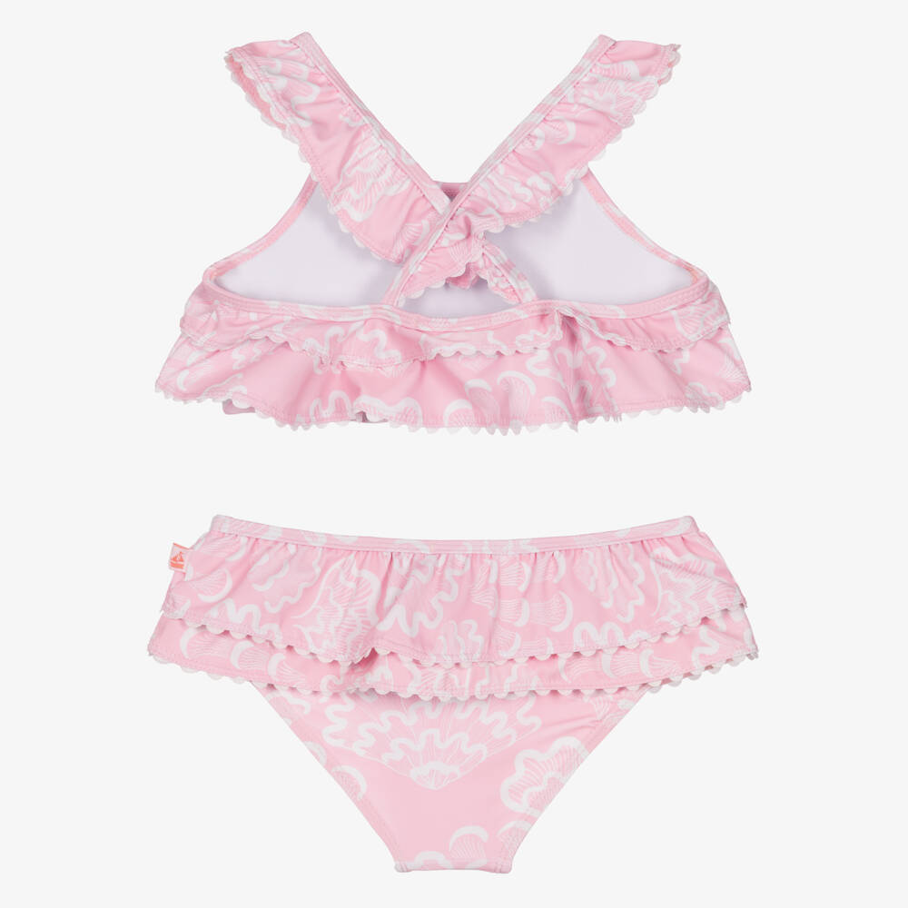 Mitty James-Girls Pink Shell Print Ruffle Bikini (UPF50+) | Childrensalon