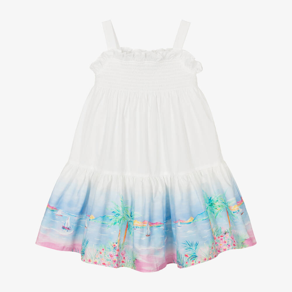 Mitty James-Платье белое с пляжным принтом из хлопка для девочек | Childrensalon