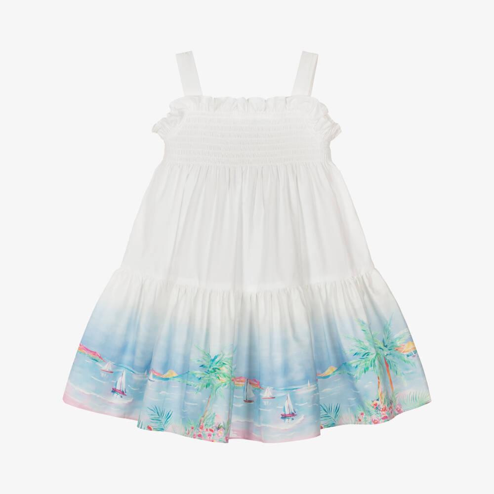 Mitty James-Girls White Beach Print Cotton Sun Dress | Childrensalon