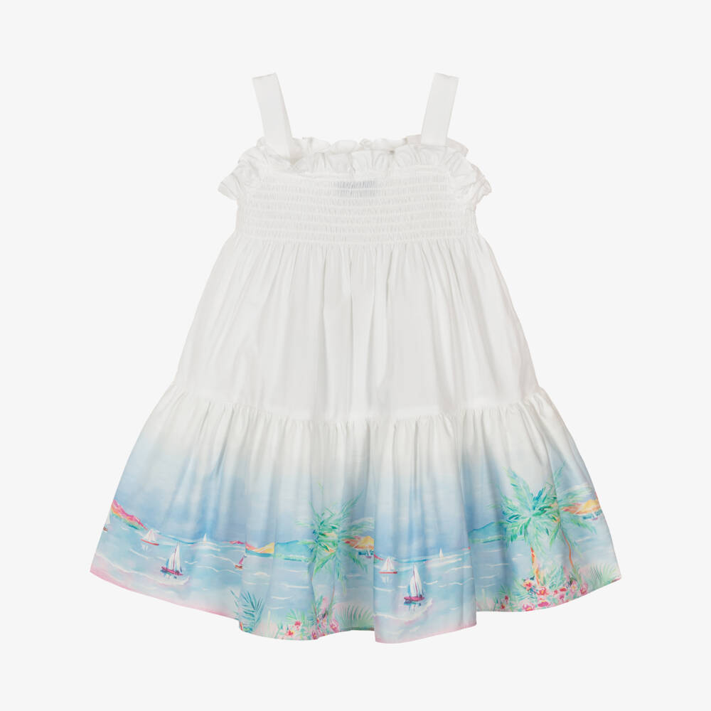 Mitty James-Girls White Beach Print Cotton Sun Dress | Childrensalon
