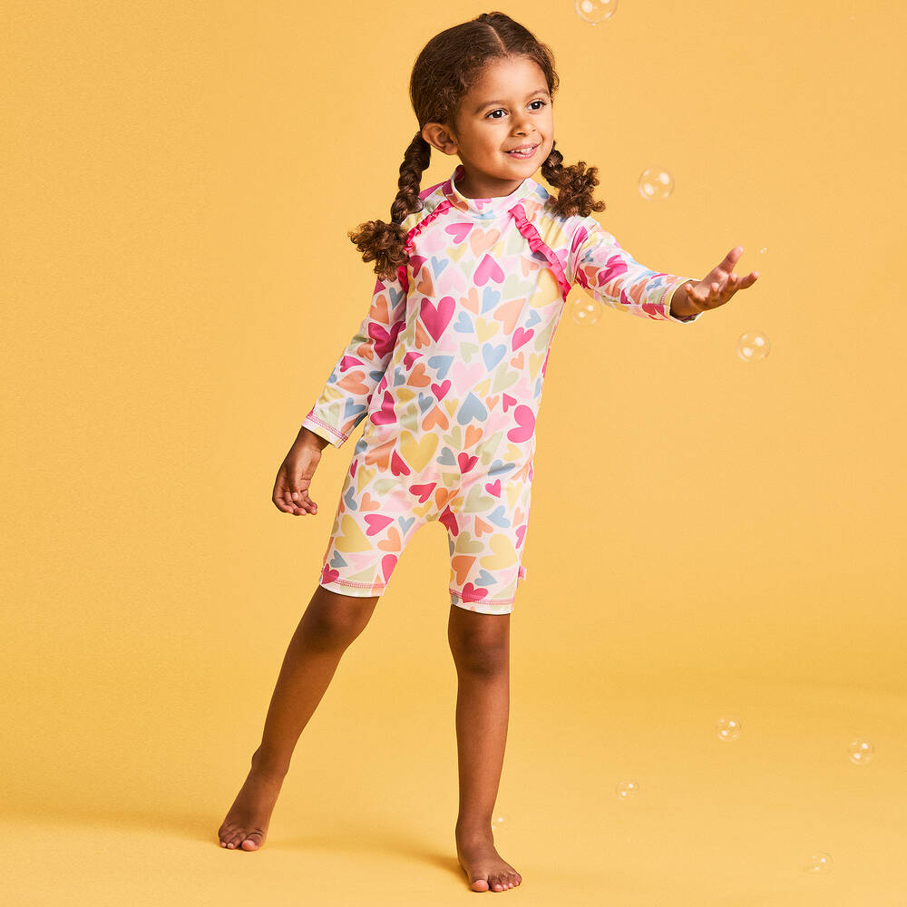 Mitty James-Girls White Heart Sun Suit (UPF50+) | Childrensalon