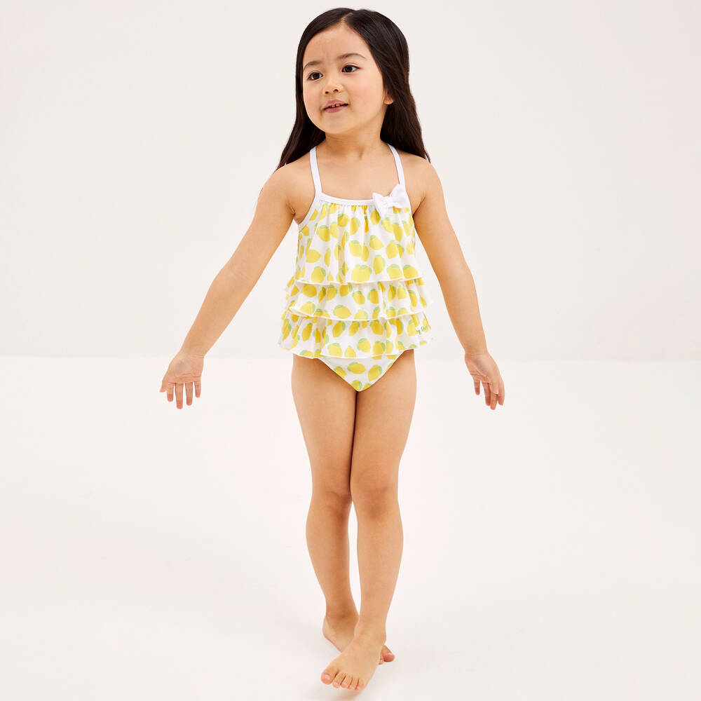 Mitty James-Girls White Lemon Ruffle Swimsuit (UPF50+) | Childrensalon