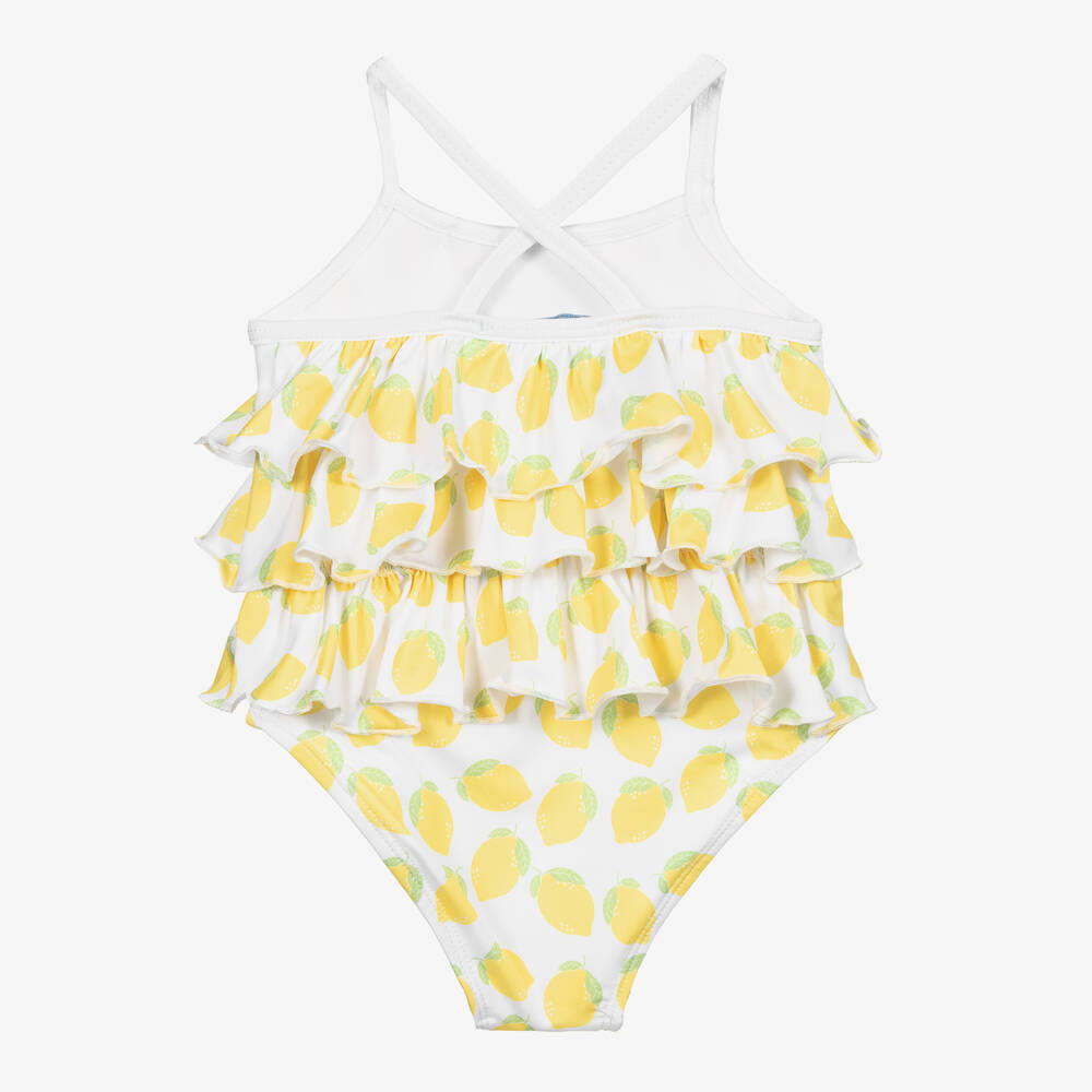 Mitty James-Girls White Lemon Ruffle Swimsuit (UPF50+) | Childrensalon