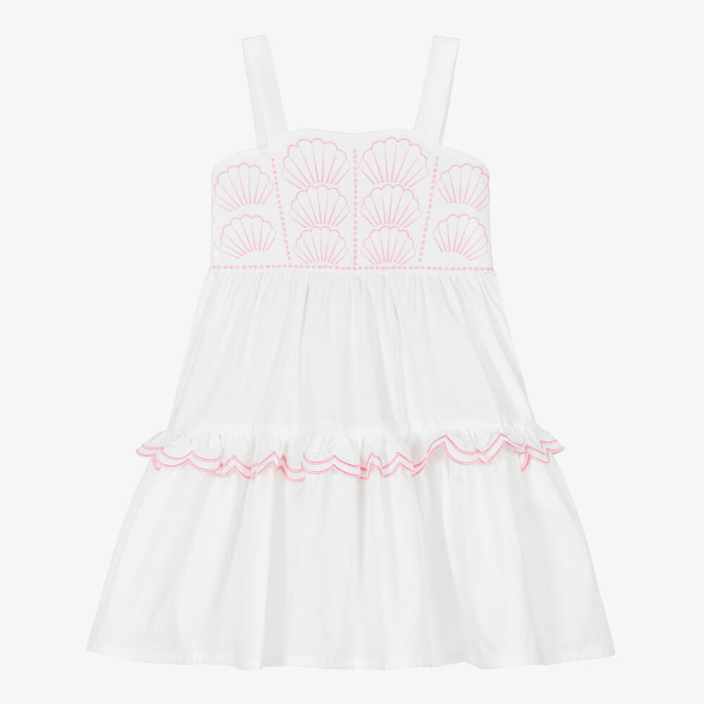 Mitty James-Girls White & Pink Shell Embroidery Poplin Dress | Childrensalon
