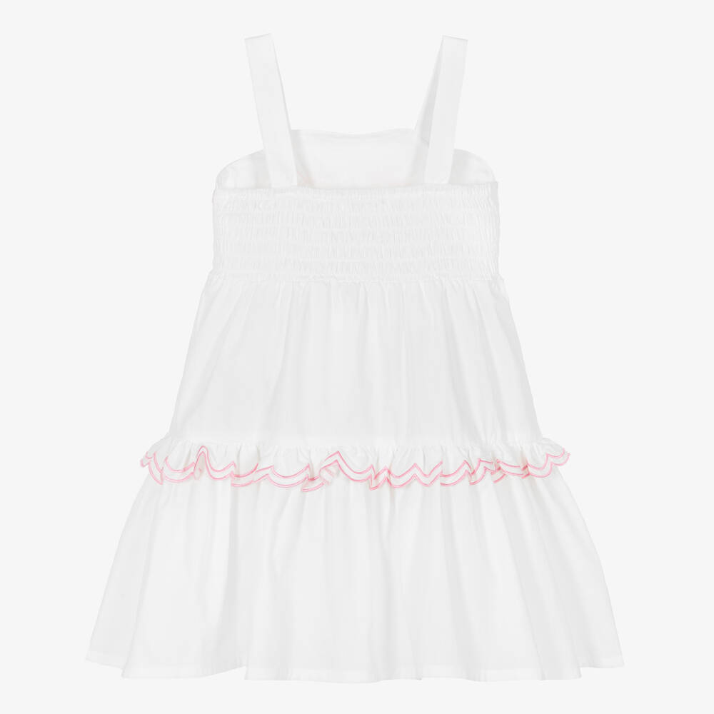 Mitty James-Girls White & Pink Shell Embroidery Poplin Dress | Childrensalon