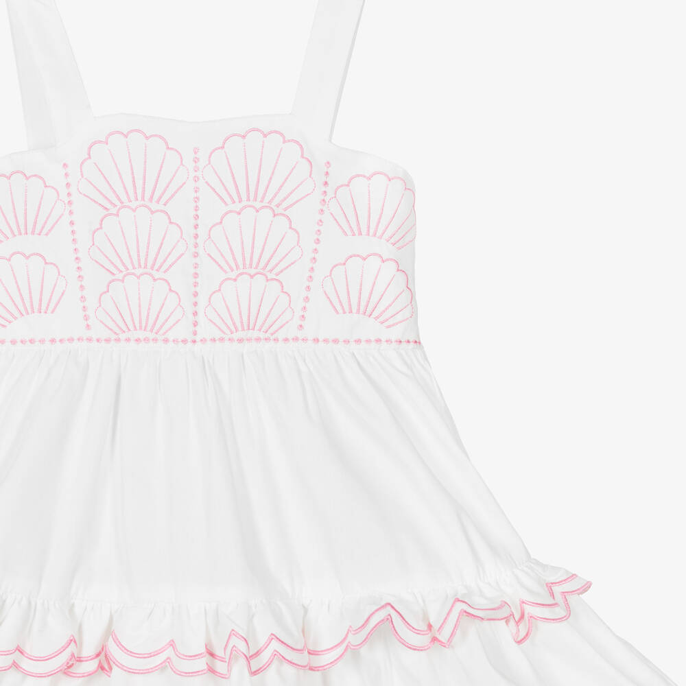 Mitty James-Girls White & Pink Shell Embroidery Poplin Dress | Childrensalon