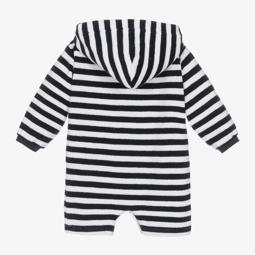 Mitty James-Navy Blue Stripe Towelling Baby Beach Romper | Childrensalon