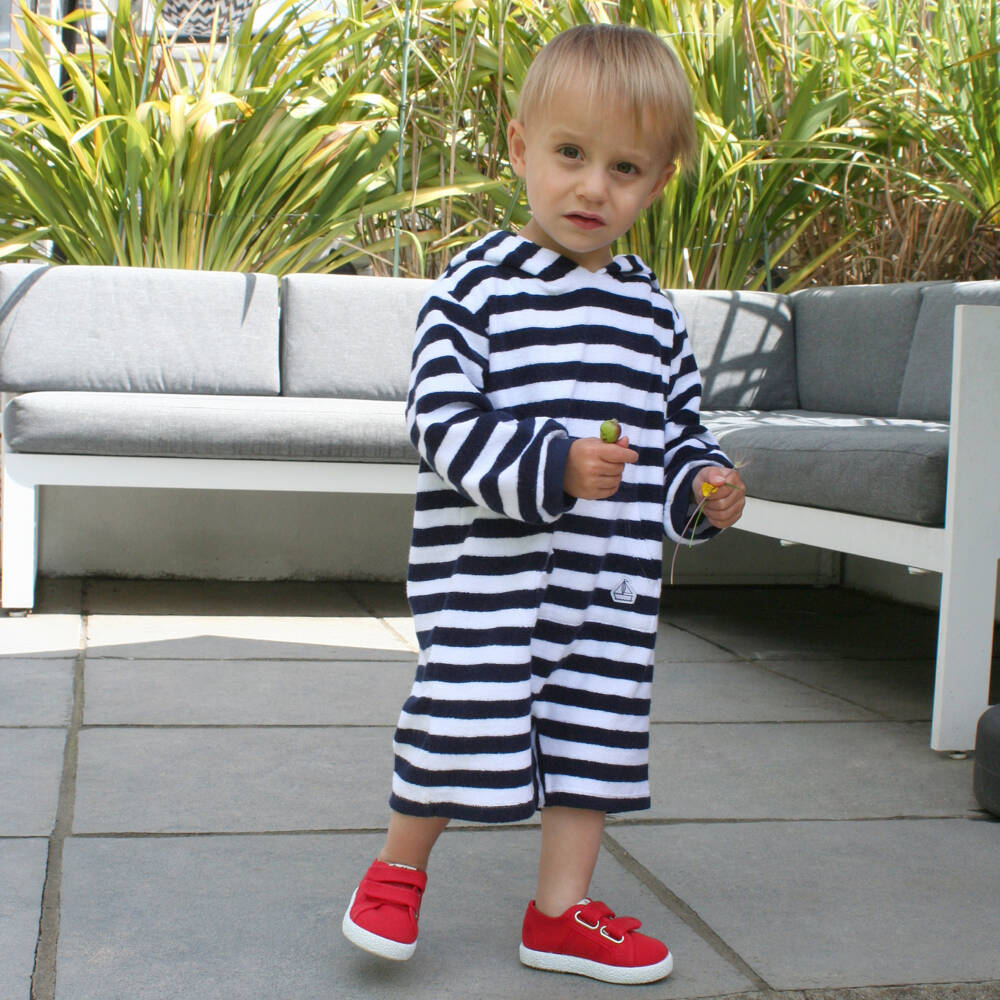 Mitty James-Navy Blue Stripe Towelling Baby Beach Romper | Childrensalon