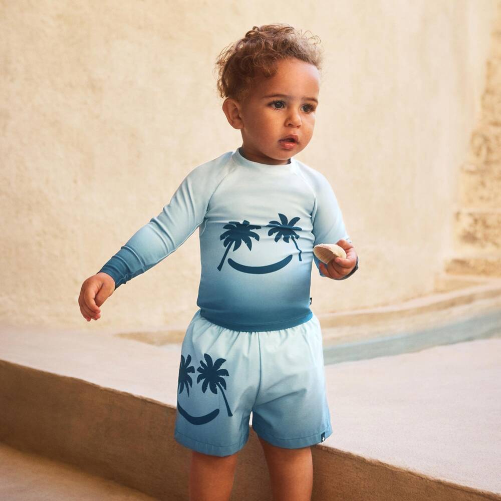 Molo-Baby Boys Blue Smiling Palm Tree Swim Shorts (UPF50+) | Childrensalon