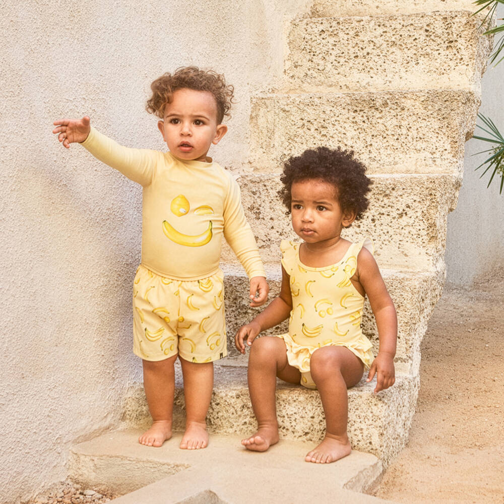 Molo-Baby Boys Yellow Happy Fruit Swim Shorts (UPF50+) | Childrensalon