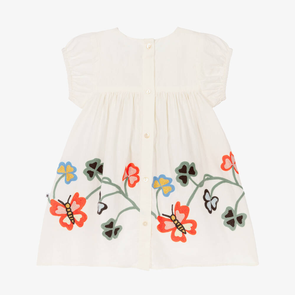 Molo-Baby Girls Ivory Cotton Dress with Embroidered Butterflies | Childrensalon