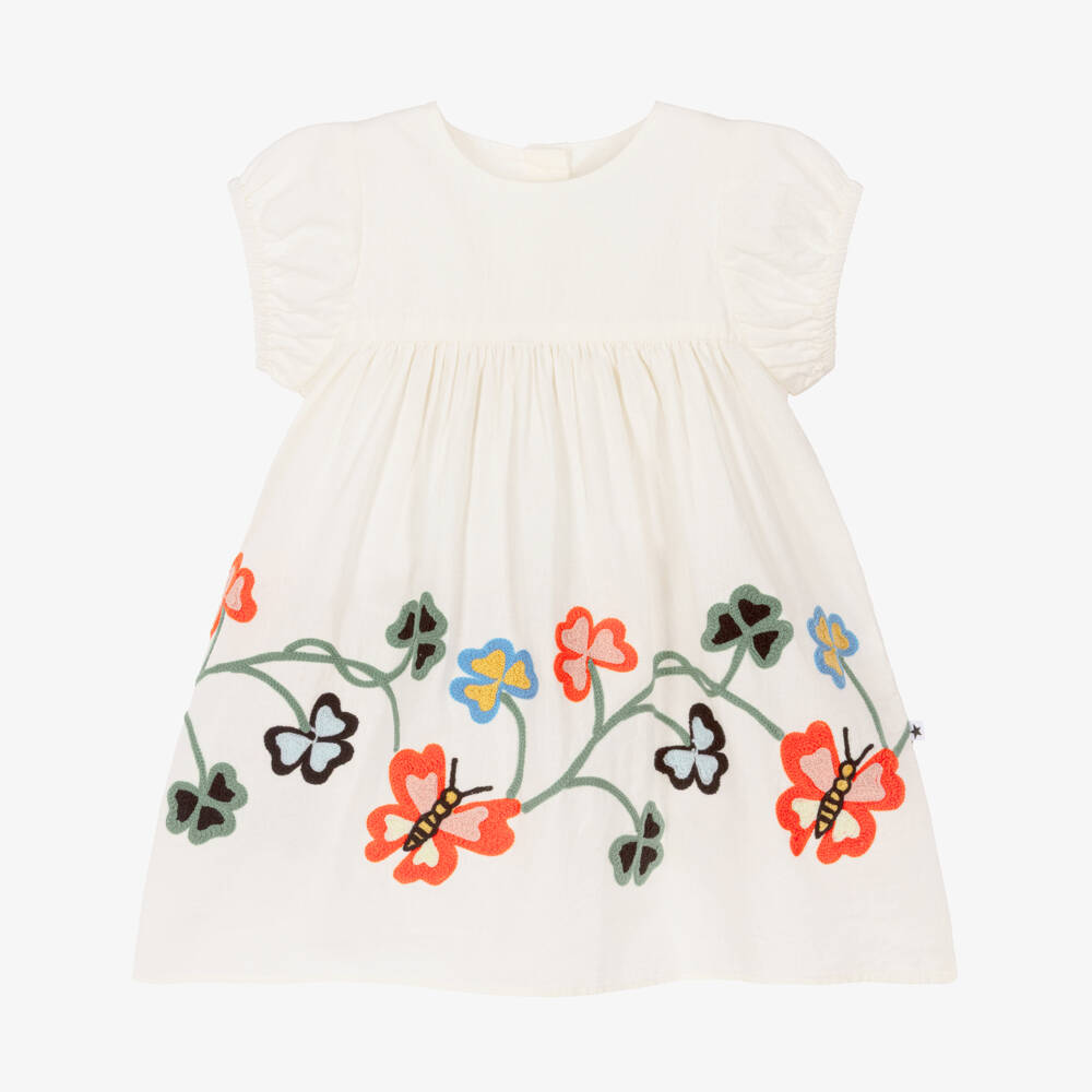 Molo-Baby Girls Ivory Cotton Dress with Embroidered Butterflies | Childrensalon