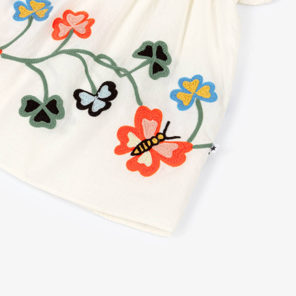 Molo-Baby Girls Ivory Cotton Dress with Embroidered Butterflies | Childrensalon