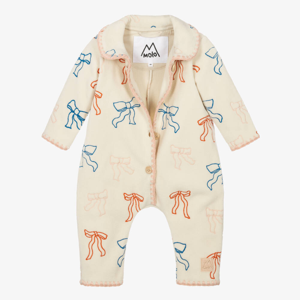 Molo-Baby Girls Ivory Fleece Pramsuit with Bows | Childrensalon