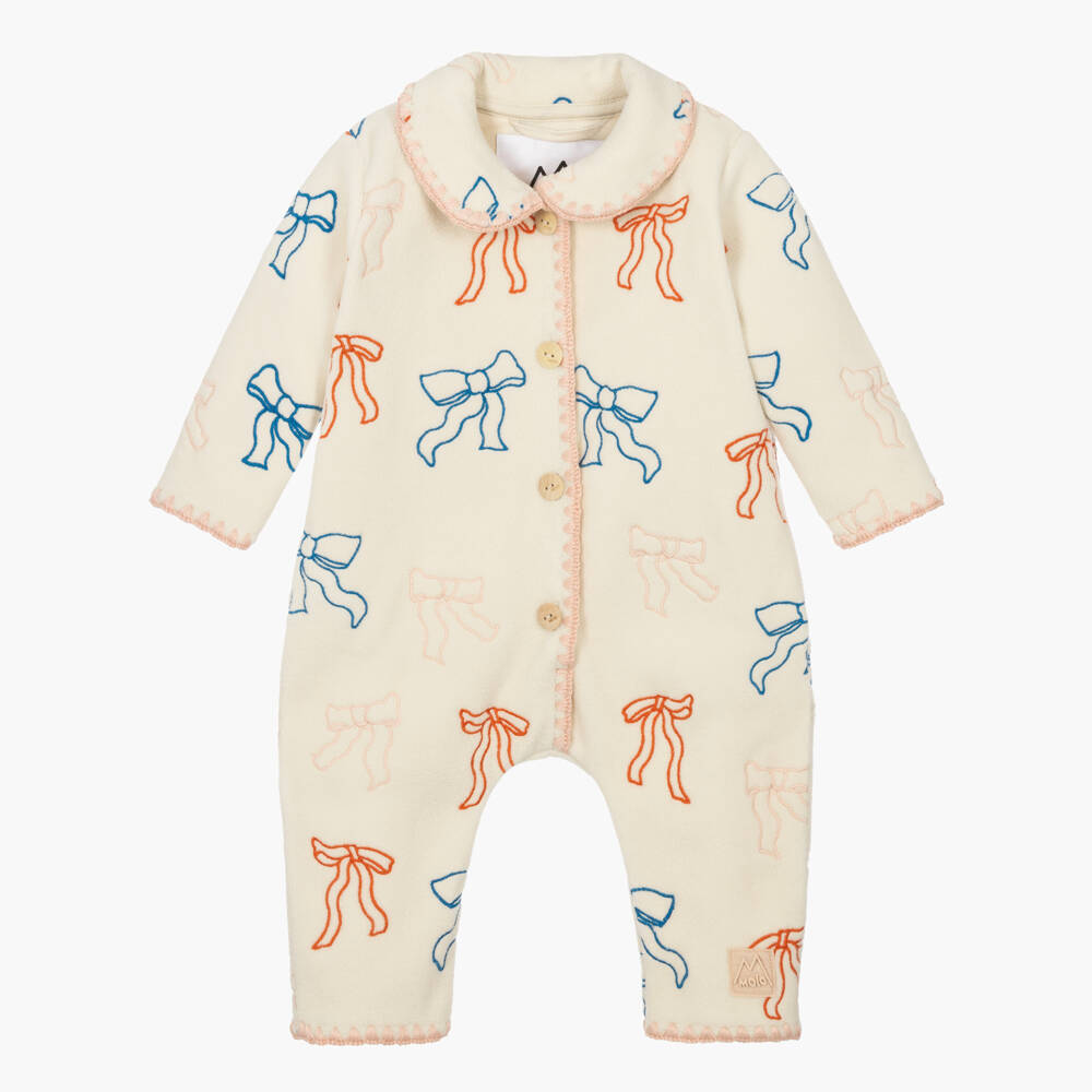 Molo-Baby Girls Ivory Fleece Pramsuit with Bows | Childrensalon