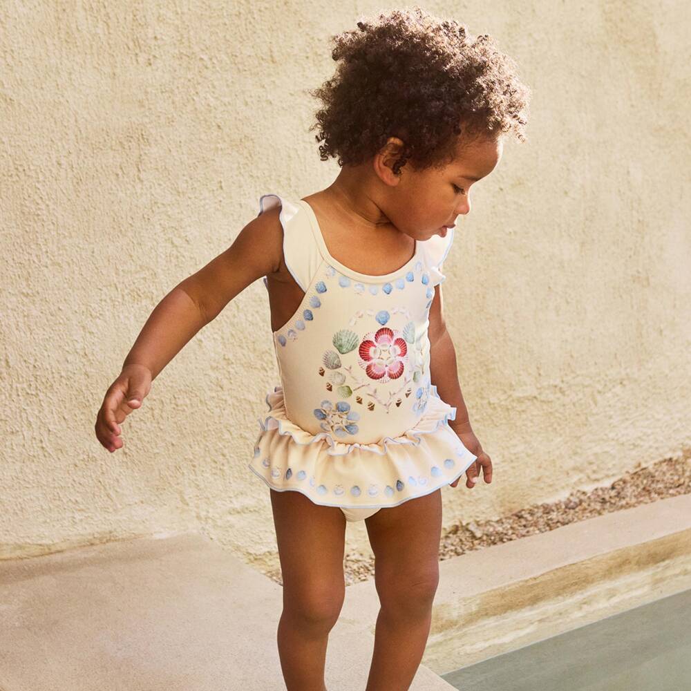 Molo-Baby Girls Ivory Shell Print Swimsuit (UPF50+) | Childrensalon