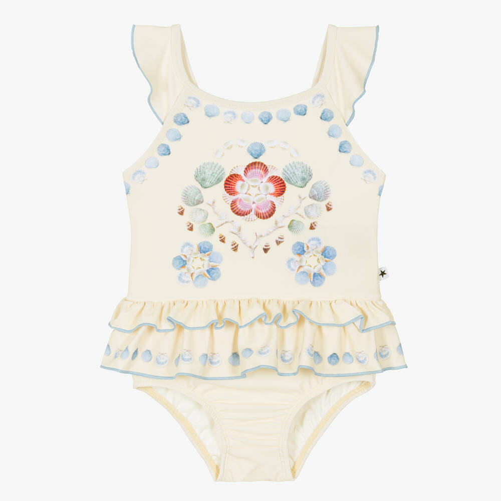 Molo-Baby Girls Ivory Shell Print Swimsuit (UPF50+) | Childrensalon