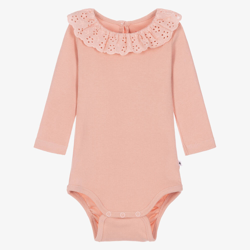 Molo-Baby Girls Pink Bodysuit with Broderie Anglaise Collar | Childrensalon