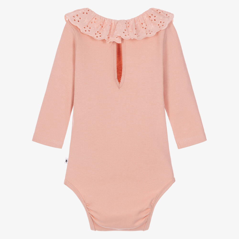 Molo-Baby Girls Pink Bodysuit with Broderie Anglaise Collar | Childrensalon