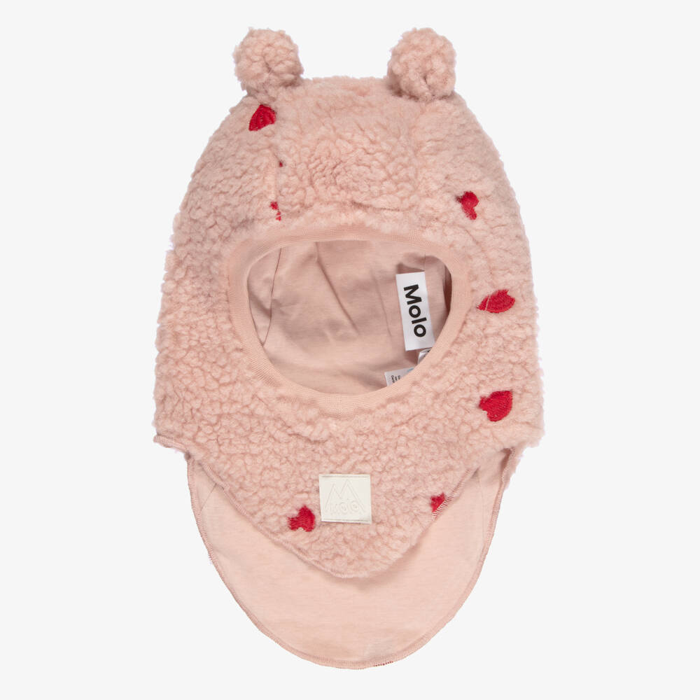 Molo-Baby Girls Pink Sherpa Balaclava with Red Hearts | Childrensalon