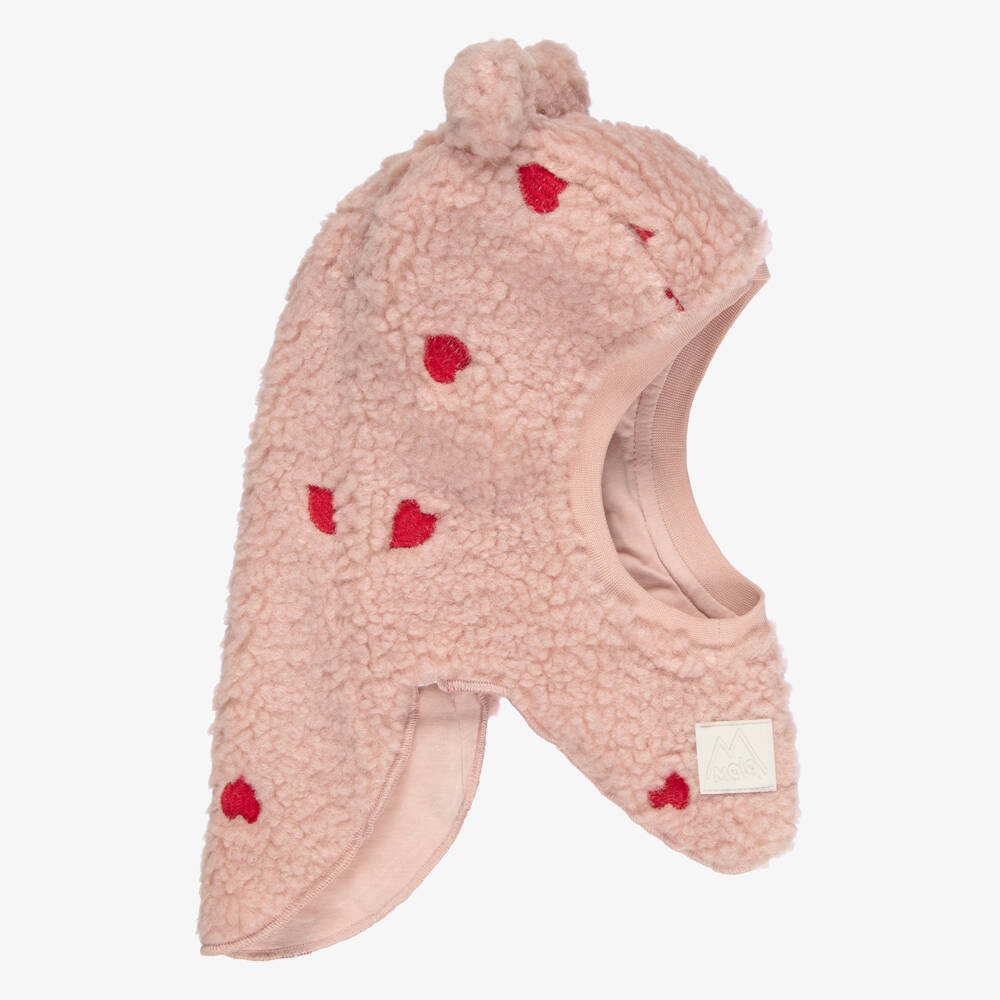 Molo-Baby Girls Pink Sherpa Balaclava with Red Hearts | Childrensalon