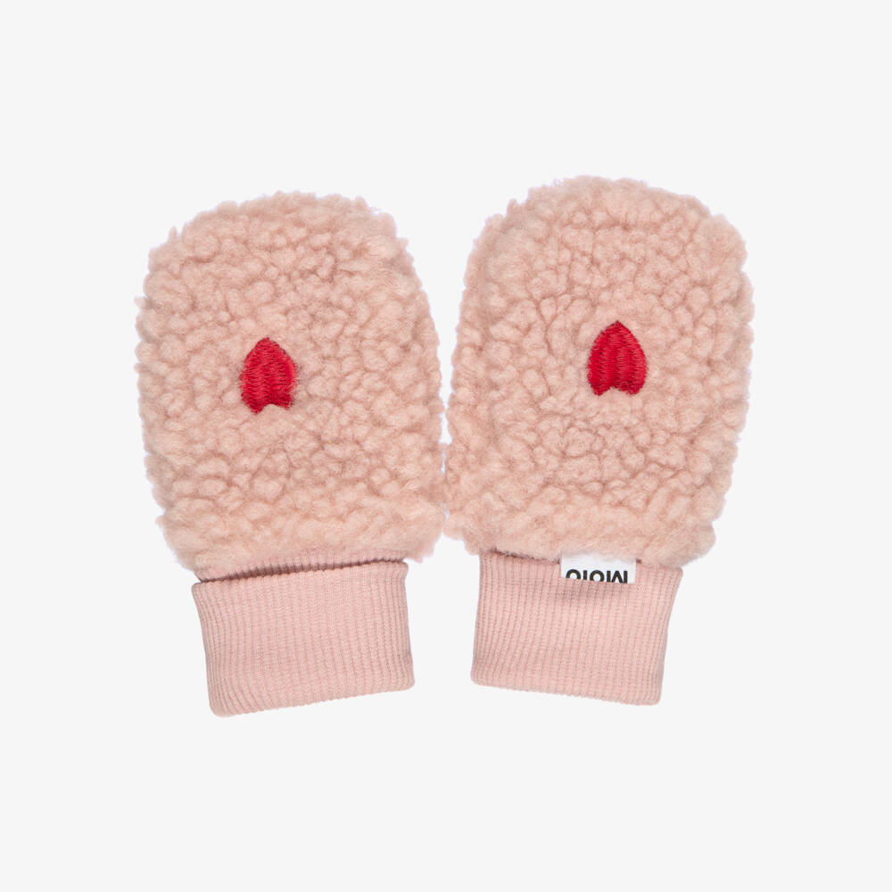 Molo-Baby Girls Pink Sherpa Mittens with Red Hearts | Childrensalon