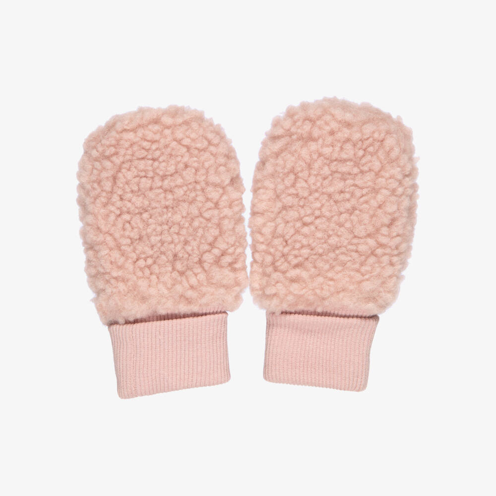 Molo-Baby Girls Pink Sherpa Mittens with Red Hearts | Childrensalon