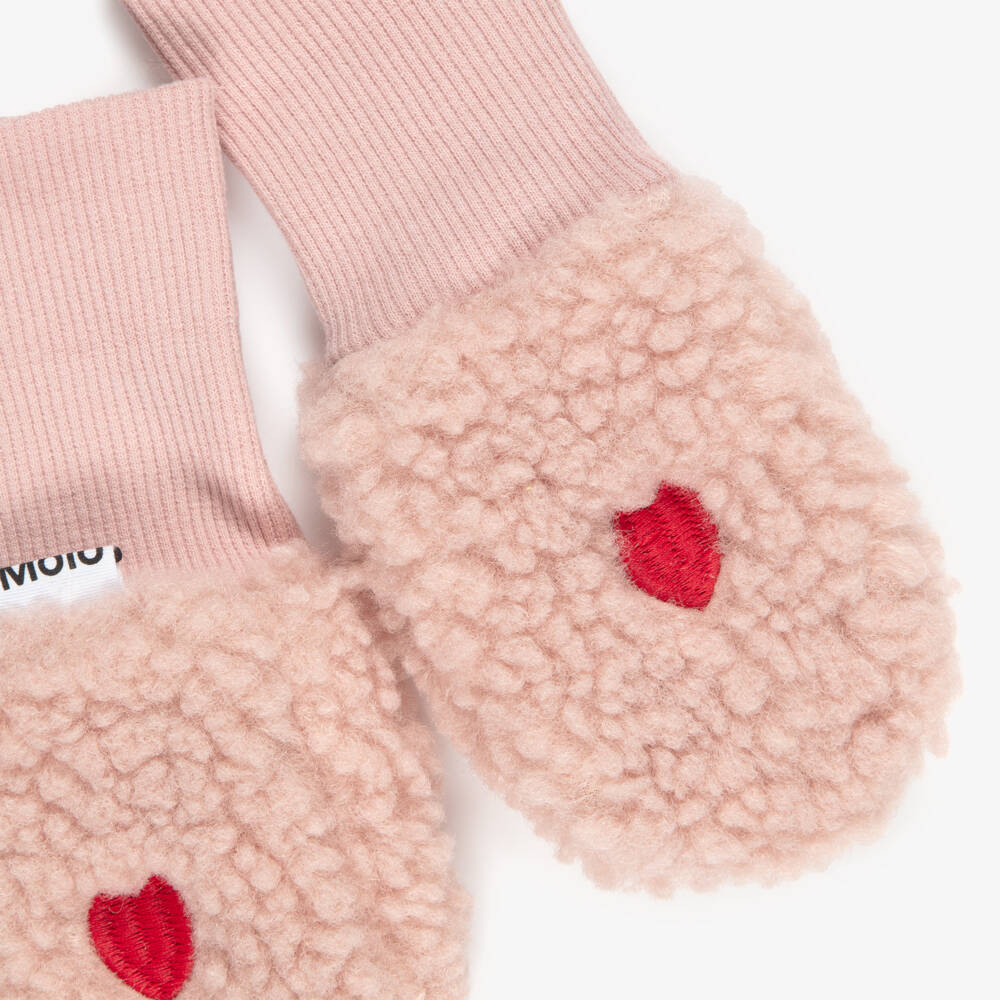 Molo-Baby Girls Pink Sherpa Mittens with Red Hearts | Childrensalon
