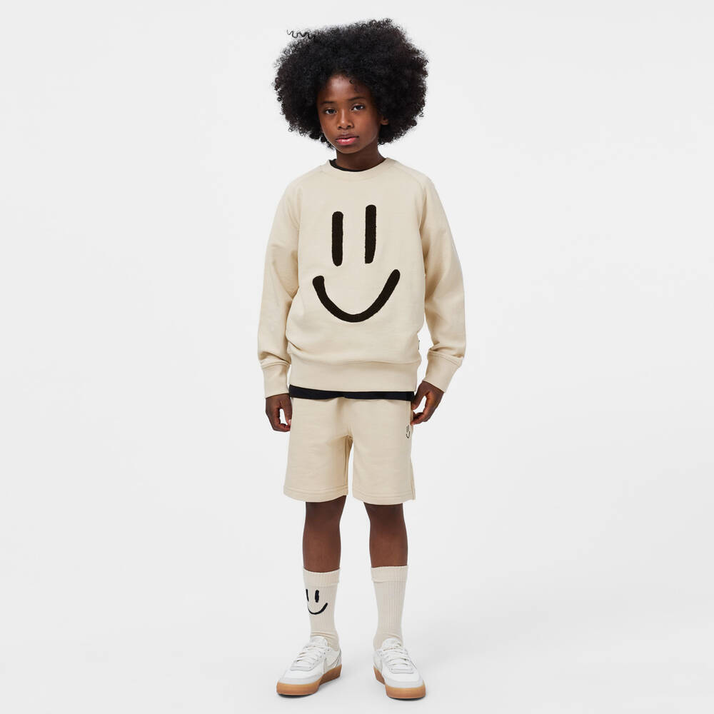 Molo-Beige Cotton Shorts with Smiling Face Embroidery | Childrensalon