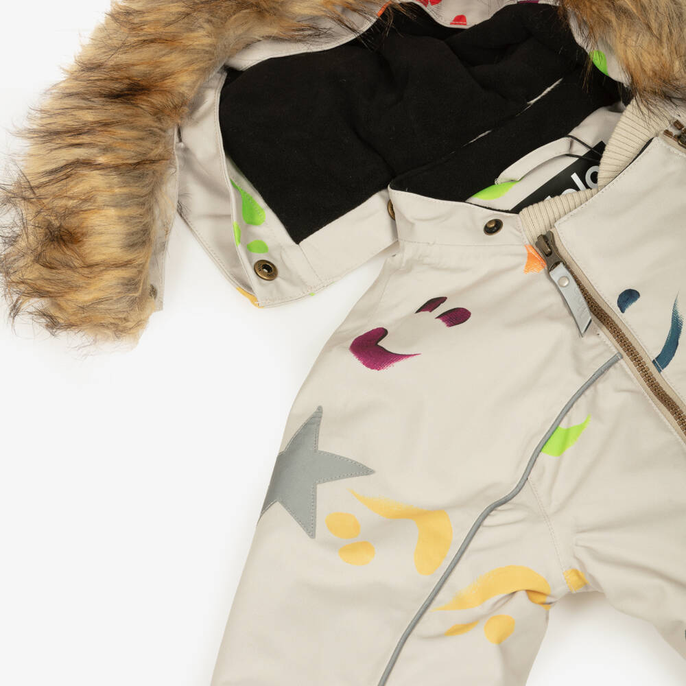 Molo-Beige Hooded Snowsuit with Colourful Smile Print | Childrensalon