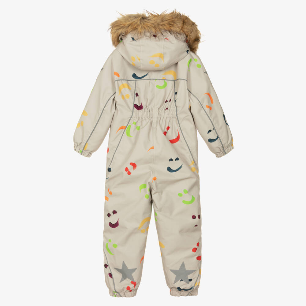 Molo-Beige Hooded Snowsuit with Colourful Smile Print | Childrensalon