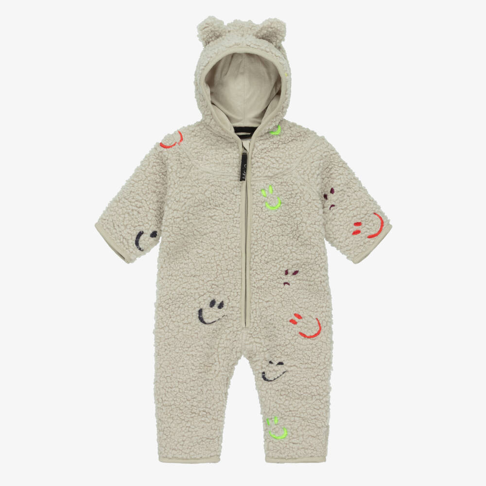 Molo-Beige Sherpa Fleece Pramsuit with Smiling Faces | Childrensalon