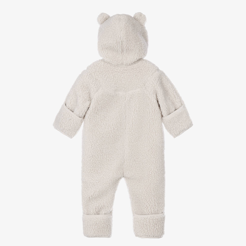 Molo-Beige Sherpa Fleece Pramsuit with Teddy Ears | Childrensalon