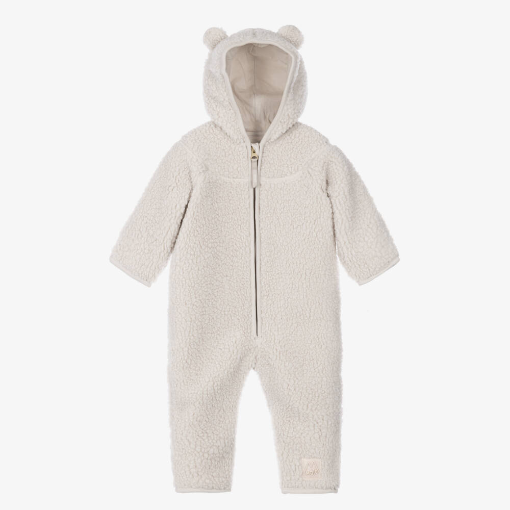 Molo-Beige Sherpa Fleece Pramsuit with Teddy Ears | Childrensalon