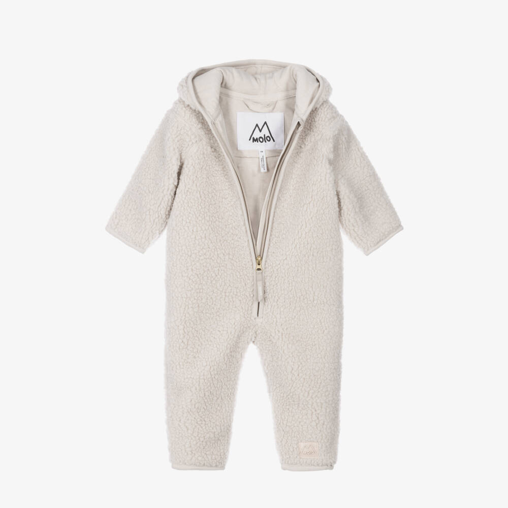 Molo-Beige Sherpa Fleece Pramsuit with Teddy Ears | Childrensalon